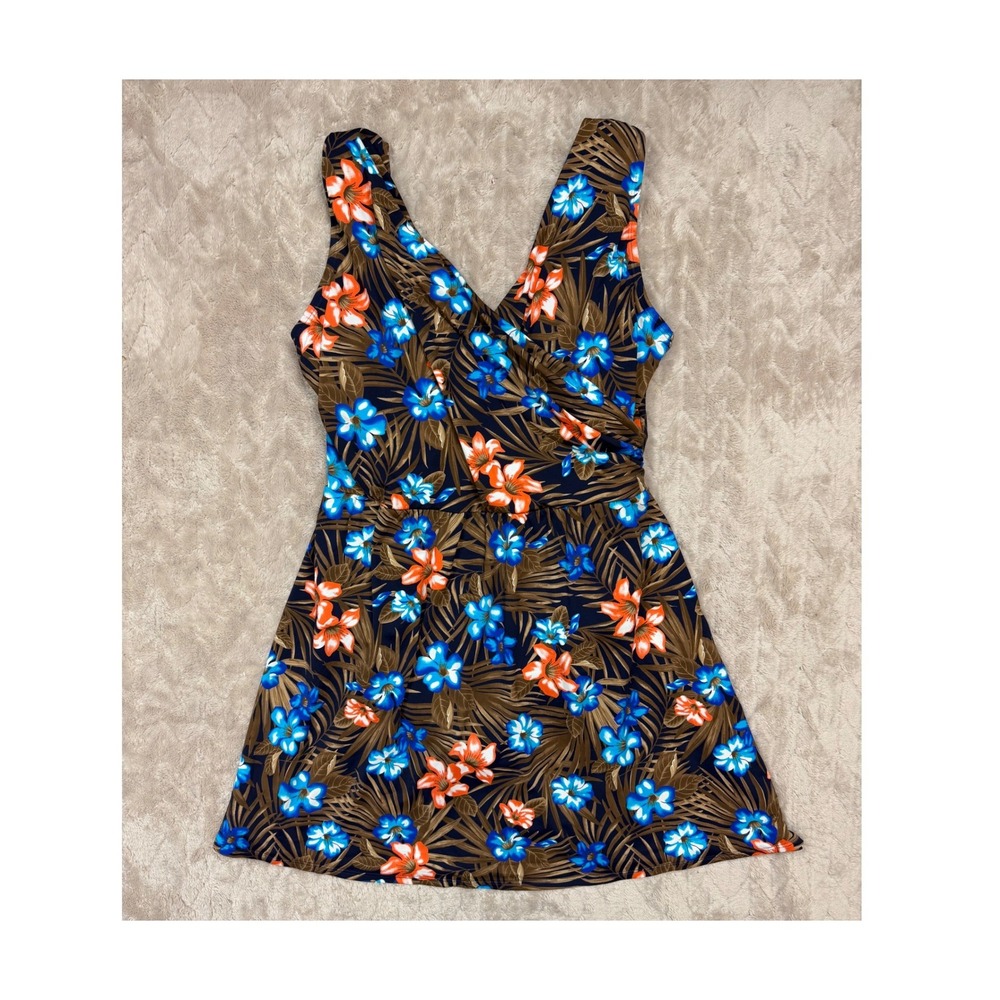 Lands End Women 18W Tropical Floral Swim Dress Navy Blue Orange V-Neck Swimsuit